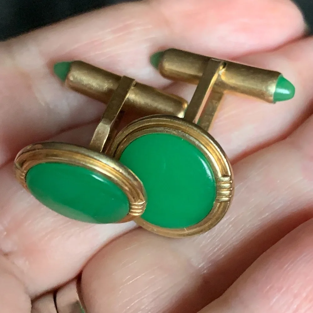Vintage Green Krementz Gold Filled Cuff Links